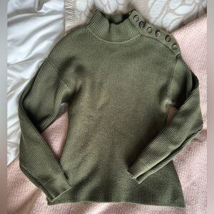 Mango Army Green Button-Shoulder Turtleneck Sweater